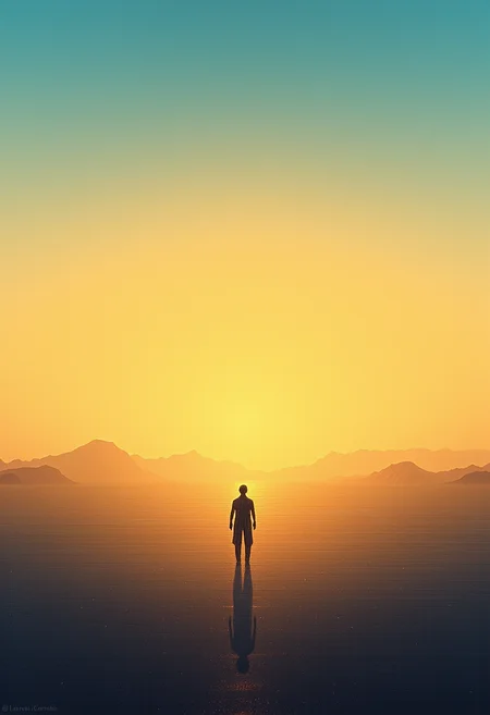 In the heart of an endless sunset, a single figure stands upright against a distant horizon. Their minimalistic silhouette illuminated by a soft golden glow, they exude a sense of calm amidst the fleeting landscape. The sky above is a fusion of impressionistic hues - gentle gradients shifting from luminous golds to deep cerulean blues. Linear shapes create the impression of distant mountain ranges, whereas simple silhouettes form clouds that drift across the canvas. The linear contours of the earth below become more intricate as they approach the central figure, who is seemingly locked in deep contemplation. A hint of uniformity arises from the reduction in forms surrounding them, creating a sense of isolation amongst the chaos that borders their world. As the observers gaze lingers, an ethereal connection is felt between this solitary being and the serene backdrop behind them. The beauty lies not just in their unwavering presence but also in the harmony between the fleeting light, the simplicity of forms, and the tension that exists between natures complexity and mankinds minimalist desires. Within this tranquil setting, minimalism meets impressionism, merging together to form a striking image that resonates with timeless beauty. The reduction of elements invites the viewer to explore the essence of this moment - an intersection where mythical wonder and human contemplation meet upon the horizon. ,<lora:flux/fav/3d_Abstract_Op-Art-000005.safetensors:1.0:1.0>