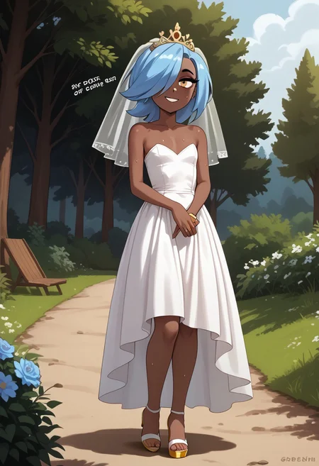 score_7_up, 1girl, erin_cc, dark complexion, one amber eye, one light blue eye, medium length blue hair, hair covering left eye, Full body, barefoot, standing, perfect hands, 5 fingers, perfect barefoot 5 toes, perfect small flat chest natural breasts;
Wedding dress, Wedding veil, Golden tiara, Wedding ring, Golden high heels sandals,
sensual, curvy, standing, in the woods, outdoors, nature, hike, sweat, looking at viewer, feminine, artistic effects, smiling,