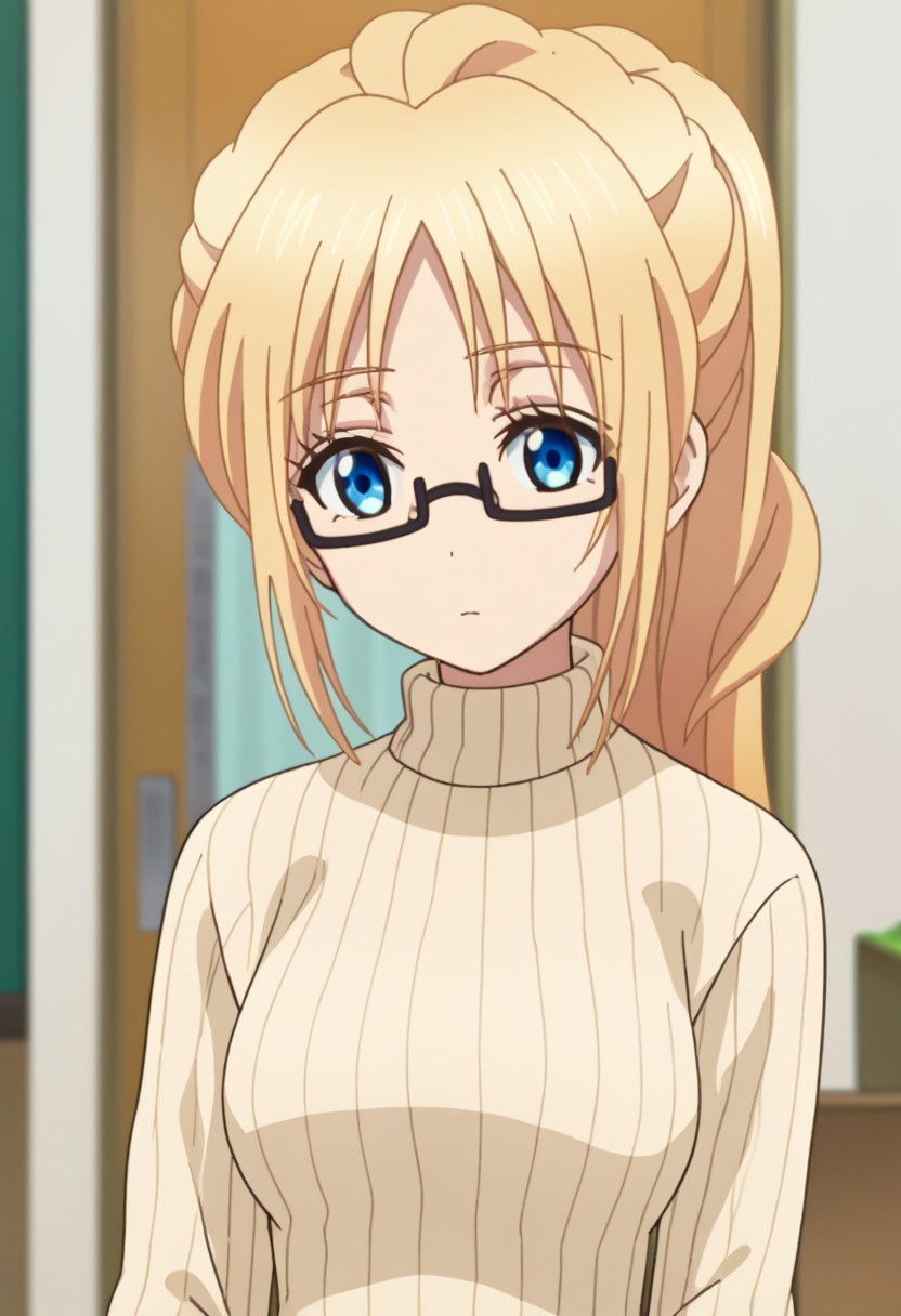 score_9, score_7_up, source_anime
ChisatoMizusawa, 1girl, solo, blue eyes, glasses, blonde hair, long hair, ponytail, sweater, ribber weater, turtleneck,
indoor,