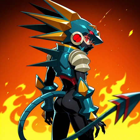 masterpiece,best quality,amazing quality,megaman.exe,gregar \(mega man\),solo,looking at viewer,1boy,red eyes,tail,male focus,looking back,blurry,armor,from side,profile,depth of field,glowing,helmet,fire,claws,glowing eyes,sideways glance,light trail,sparks,mechanical tail,eye trail,blue spikes helmet,black bodysuit,bodysuit,shoulder armor,forehead jewel\(gregar\),mouth mask,blue armor,<lora:gregar_falzar_V2-2:0.95>,official art,