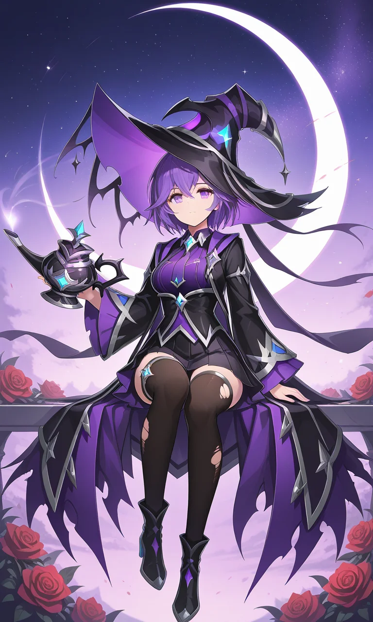 best quality, masterpiece, amazing quality, sitting on a crescent moon, starry night sky, glowing moonlight, ornate crescent moon, golden vine-like details, red roses, radiant skin, calm and serene expression, melancholic gaze, cosmic background, faint stars, mystical atmosphere, fantasy, 1girl, solo, Phantom Warlock, black witch hat, purple eyes, purple hair, short hair, black footwear, black skirt, torn thighhighs, black shirt, holding oil lamp