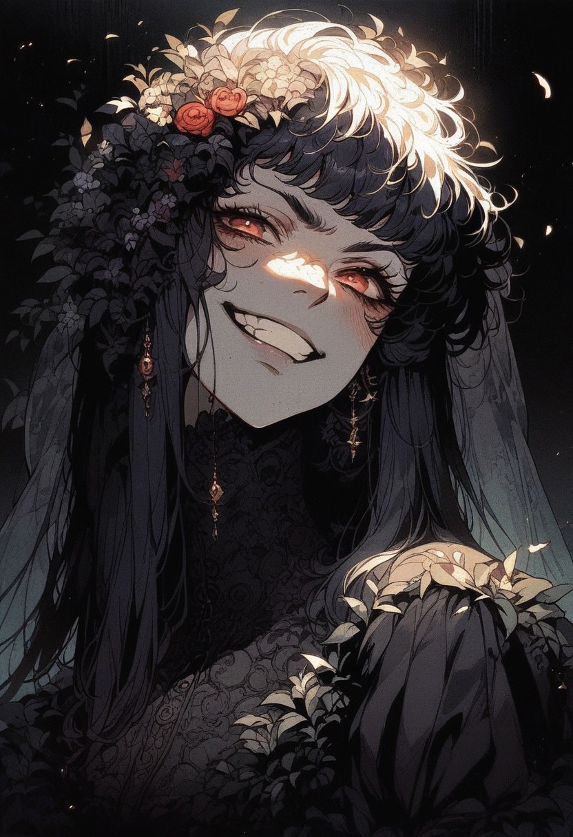 score_9, score_8_up, score_7_up, female, gothic robes, a thick lace veil hides the face, slight smile, dark atmosphere, grin