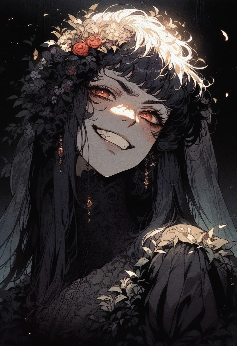 score_9, score_8_up, score_7_up, female, gothic robes, a thick lace veil hides the face, slight smile, dark atmosphere, grin