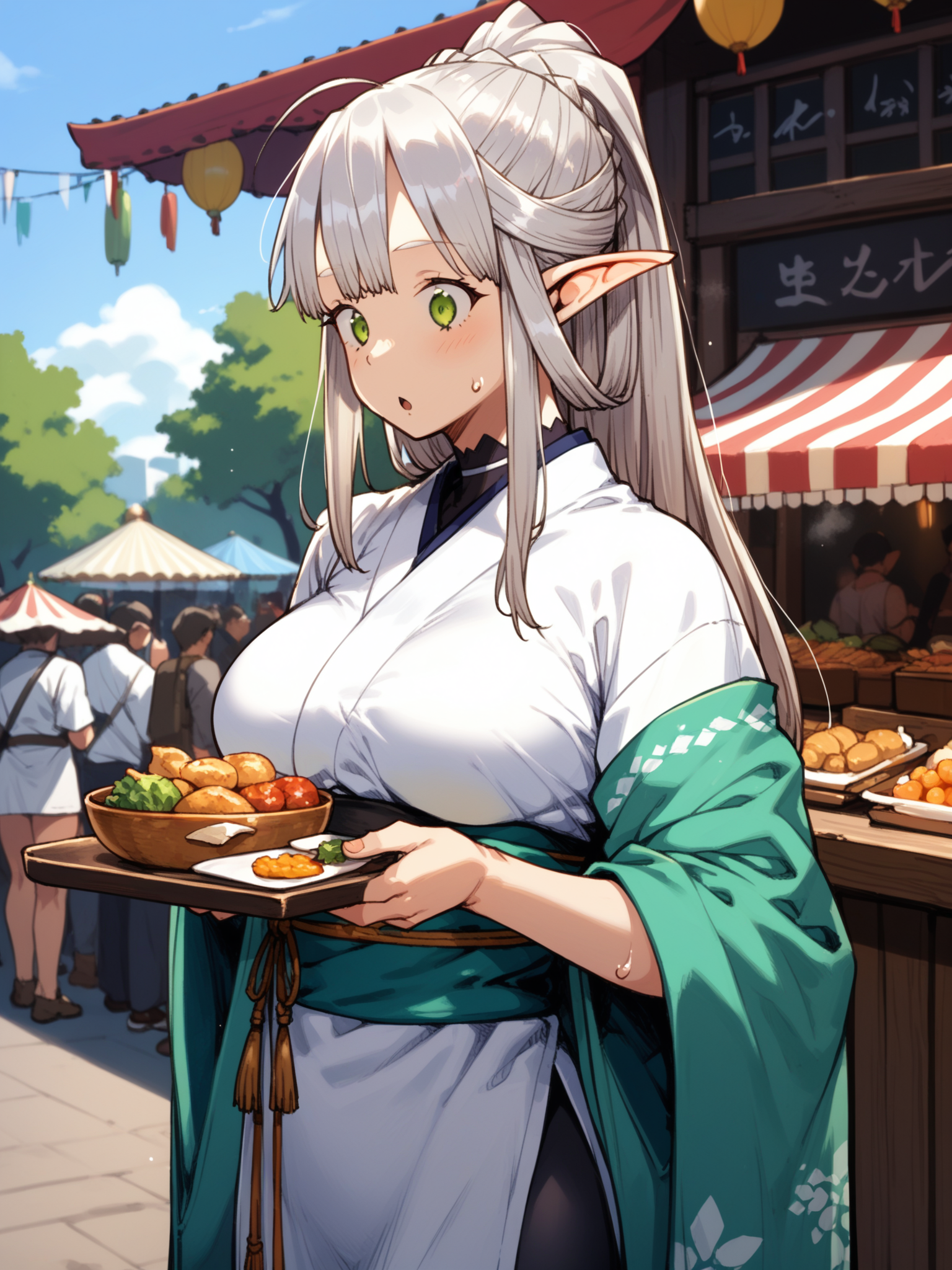 (cowboy shot, solo focus:1.2) <lora:happy_tentacle-himono_elf-v0.1-000024:1>, ht_himono_elf, green eyes, silver hair, large breasts (petite:1.2), <lora:Shed_The_Skin's StS_age_slider_v1_initial_release:-1> ( :1.1) sweat ( , , ( surprised :1.2) , , (looking down:1.2) :1) , outdoors, vegetation, (overgrown :1.1), , (dawn :0.6), (cloudy sky:0.6) , (:0.5), , (science fiction :0.9), (festival, food stand:1.2), crowd, tree, (traditional clothes:1.2) (( from side :1.2) :0.8) score_9, score_8_up, score_7_up, score_6_up, score_5_up, score_4_up, ( [(realistic, photorealistic:1.3):(realistic:1.2):16] [(3d:1.2)::14] :1) <lora:LUUNA's Lunas-NijiJourney-SDXL-B2:0.35>, nijijourney <lora:prgfrg23's Counterfeit-V3.0 Style SDXL_LoRA_Pony Diffusion V6 XL:0.5> <lora:mfcg's mfcgXL:0.12> <lora:reweik's gyokai(himehajime)_PonyXL_style_v01:0.14>