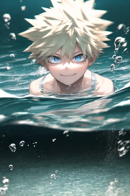 (very detailed background:1.0), (highly detailed background:1.0), bakugou katsuki, masterpiece, best quality, (1boy), solo, (boy:1.2),(water),blonde hair,sapphire, floating, ocean:2, motion blur, smile, iridescent shirt, (underwater:1.2), chromatic aberration, depth of field, soft lighting, highly detailed face, highly detailed eyes, light blue eyes, looking up, (full body), (small fish:1.2)<lora:horikoshi_kouhei-000030:0.6>