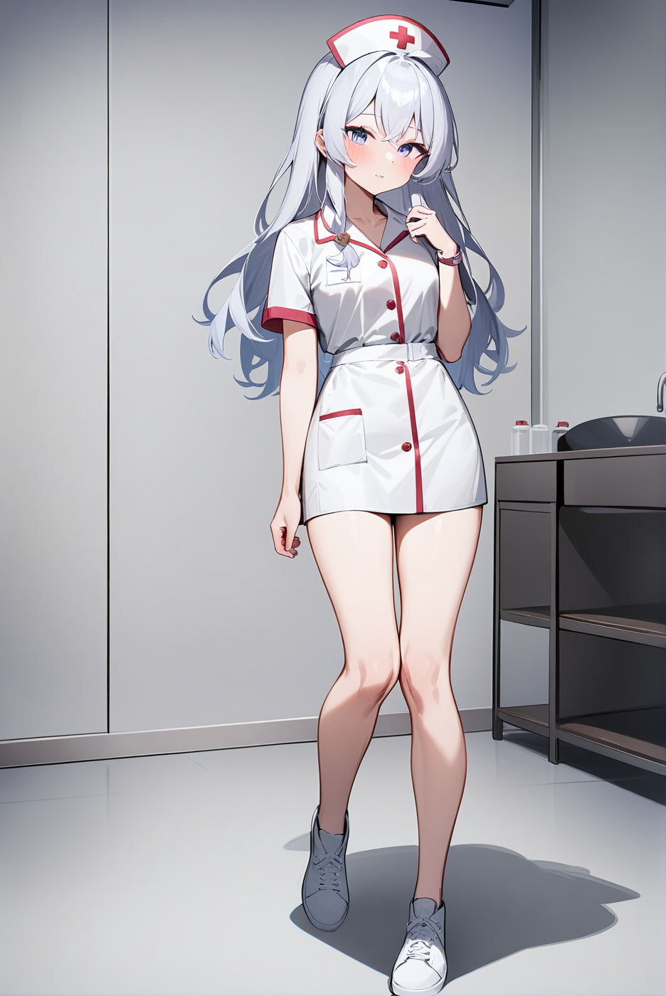nurse, mm-elaina, ahoge, 1girl, solo, skinny, masterpiece, absurdres, high quality, highres, best quality, (full body:1.20), recent <lora:mm-elaina-V02-000003:0.7>