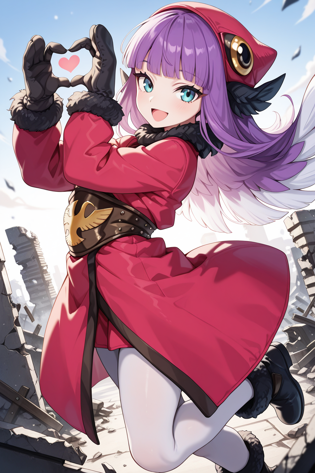 1girl,
MuushuWuuShinMegamiTensei,
safe, solo, dynamic angle,
long hair, hair wings, purple hair, multicolored hair,
white hair,
hat, fur trim, earmuffs, blunt bangs,
long sleeves, mittens, black gloves, coat, white pantyhose,
flying, \:D, heart hands, looking at viewer, smile,
outdoors, ruins,
<lora:kp_MuushuWuuShinMegamiTenseiIllustrious_v1_0:1.0>,
masterpiece, best quality, amazing quality