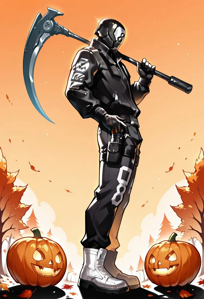 <lora:8ball:1.0>, 8ball, Fortnite, male, (black body, black skin, black gloves), (((Mask with number 8 written on it, written eight))), (5 fingers), fully clothed, (((all character black body))),
solo, looking at viewer, autumn season background, long sleeves, gloves, thighhighs, holding, jacket, full body, weapon, boots, black gloves, black thighhighs, holding weapon, from side, glowing, science fiction, zipper, halloween, black jacket, orange background, jack-o'-lantern, ankle boots, scythe, pumpkin, over shoulder, white footwear, black gloves, weapon over shoulder, holding scythe, haiz_ai, in the style of cknc, Flatline, Flat vector illustration <lora:ponyv6_noobE11_2_adamW-000017:0.3> <lora:checkpoint-e18_s306:1.5> <lora:ck-nc-cyberpunk-IL-000011:0.6> <lora:haiz_ai_illu:0.7>