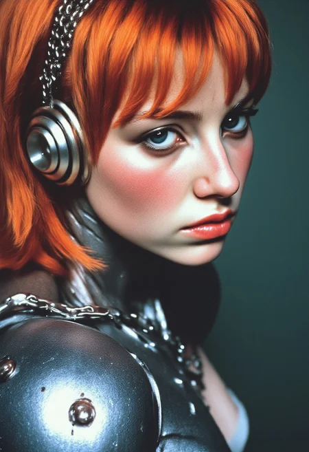 ArsMovieStill, film-grain, movie still from a 1990s indie movie, Close-up portrait of a melancholic cyborg girl, porcelain skin with freckles, metallic orange-red long glowing hair, dark dramatic eye makeup, alt girl/punk style cyborg face, chain adornments on forehead and ear, robotic body, segmented with circular joints, soft lighting, dark greenish-gray background, cyberpunk, biomechanical, vulnerable, futuristic, gritty, neon-lit slight overexposure