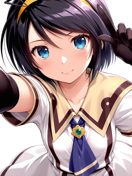 masterpiece,best quality,newest,
1girl,solo,
<lora:Panavia_Tornado_ilxl_v1.0:1>,panavia_t,light purple clothes,antenna hair,yellow hairband,black hair,blue eyes,p_clothes,capelet,brooch,ascot,elbow gloves,
<lora:Fixhands_anime_bdsqlsz_V1:1>,<lora:Fixhands_anime_bdsqlsz_V1:1>,looking_at_viewer,face_focus,dynamic_angle,cinematic_angle,reaching,pointing,pov,smile,white_background,simple_background,blush,