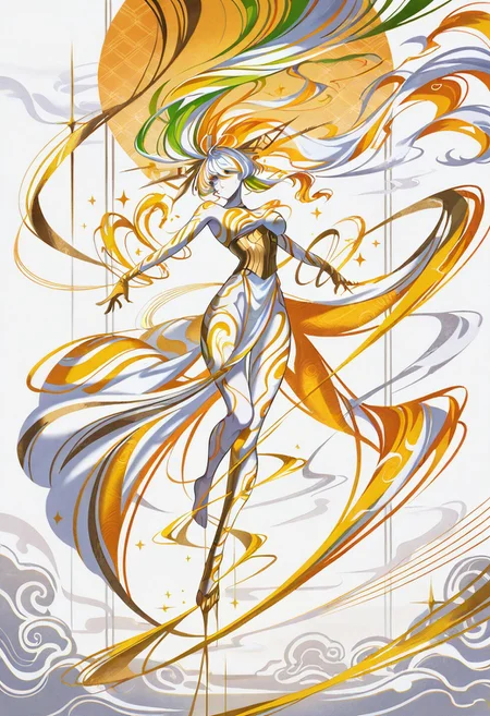 1girl, solo,BV-Illu,
a goddess of the winds descents through the clouds,
flying, leaping, dynamic pose,
very long hair, wind blown hair, flying hair,
magical gestures, metallic corset top, thin white pelvic curtain, barefoot, pointed toes,
vibrant_background, abstract_background, colorful_theme,
masterpiece, best quality, newest, absurdres, highres, very awa
