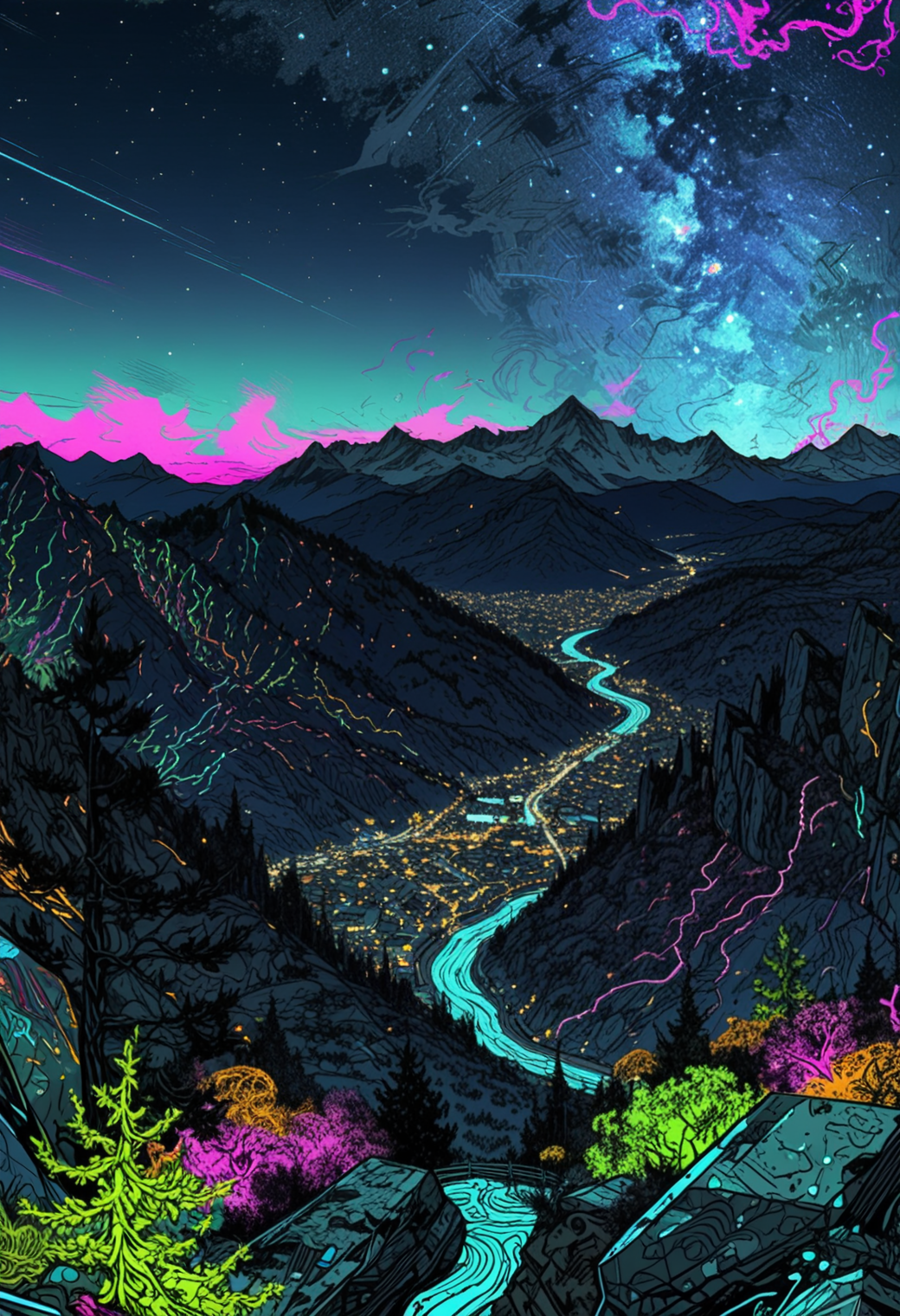 scenic landscape, Long-exposure astro-photography, (starry ht sky:1.22), irregular shattered luminous star clusters in sky, (stellar background:0.9), (high-resolution) (sharp details:0.85),} vast rocky mountainside, scenic landscape view,  (high quality:1.22), (pui:0.01),  , 
(Glacier-carved valleys), (tall pines), (sheer cliffs), (distant snow-capped peaks) (epic:0.9, )(RAW:0.75),high definition,masterpiece, amazing quality,   p3,s9