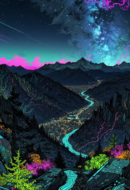 scenic landscape, Long-exposure astro-photography, (starry ht sky:1.22), irregular shattered luminous star clusters in sky, (stellar background:0.9), (high-resolution) (sharp details:0.85),} vast rocky mountainside, scenic landscape view, (high quality:1.22), (pui:0.01), ,
(Glacier-carved valleys), (tall pines), (sheer cliffs), (distant snow-capped peaks) (epic:0.9, )(RAW:0.75),high definition,masterpiece, amazing quality, p3,s9
