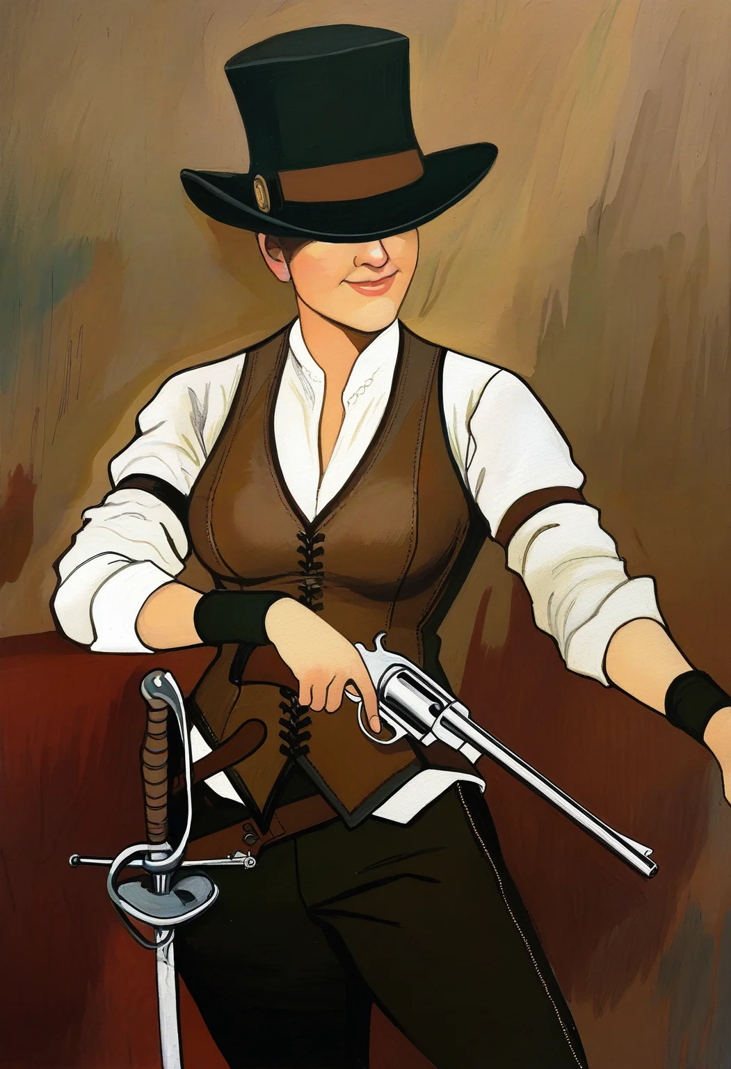 masterpiece, best quality, newest, absurdres, highres, 1girl, adventurer, revolver, rapier, top-hat, wristband, cowboy-shot, steampunk, painting-\(medium\), traditional-media