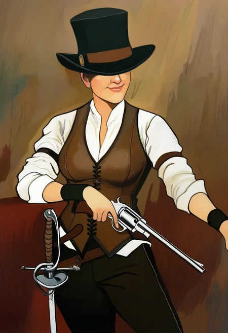 masterpiece, best quality, newest, absurdres, highres, 1girl, adventurer, revolver, rapier, top-hat, wristband, cowboy-shot, steampunk, painting-\(medium\), traditional-media