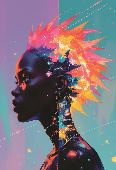 A highly stylized digital artwork featuring a close-up profile of a woman with a bold mohawk. The image blends realism with abstraction, focusing on light, color, and texture. The woman’s head and neck are smooth, her skin glowing with a metallic sheen. Her mohawk is a striking blend of electric pink, neon blue, and bright yellow, creating a sharp contrast against her deep, bronzed skin. The mohawk stands upright in sharp, angular spikes, radiating a fierce energy.
Her neck is partially transparent, revealing a glowing, fluid-like substance within, swirling in shades of cobalt blue, vibrant orange, and rich crimson, suggesting a liquid or gel-like texture. The background is a digital composition divided into four sections, each with distinct colors and patterns. The top left features bright, electric purple with geometric shapes in white. The top right has a deep turquoise with similarly intricate white lines. The bottom left is rich, deep emerald green, and the bottom right radiates a soft coral pink, with repeating geometric patterns in black and white.
Bold, sweeping lines flow through the image, creating a dynamic and rhythmic visual movement. Intricate details like dots, lines, and layered shapes in purple, teal, orange, and crimson fill the scene. This digital artwork is sharp, clean, and modern, embracing a vivid color palette and contemporary design.