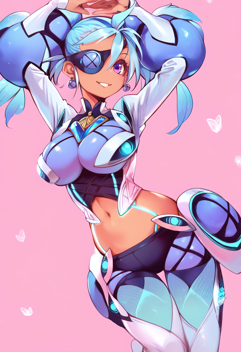 (score_9:0.9),score_8_up,score_7_up,anime style,rating_safe,(zPDXL),Praxis,blue bodysuit,1girl,solo,large breasts,smile,arms up,dancing,<lora:XB2 Praxis & Theory ponyXL v1:0.97>,