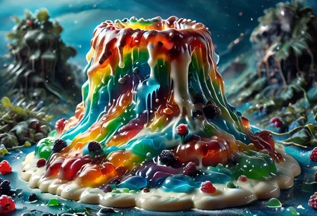 high quality, (Domination of the blue color:2), Jellystyle, stone bridge<lora:bad_prompt_version2-neg:1> <lora:By bad artist -neg:1>  <lora:Jelly_Style:1> (rainbow color grading:1.5). (Icing milk:2). (Sugar coating :1). berry made of jelly. River of milk. ais-chocsauce Mountains. Crystallized Sugar Rain. The floor is covered with honey. Multi-colored Jellystyle bears.
(Fish) Made of gum with glowing precious stones is shown into the jello realm. From the right of the frame, the Jellystyle bears, running.
CastleBreizh XL Mk8 on the left.
Asymetric composition, dynamic pose, field of depth, grass in the foreground. Close-up view from below.