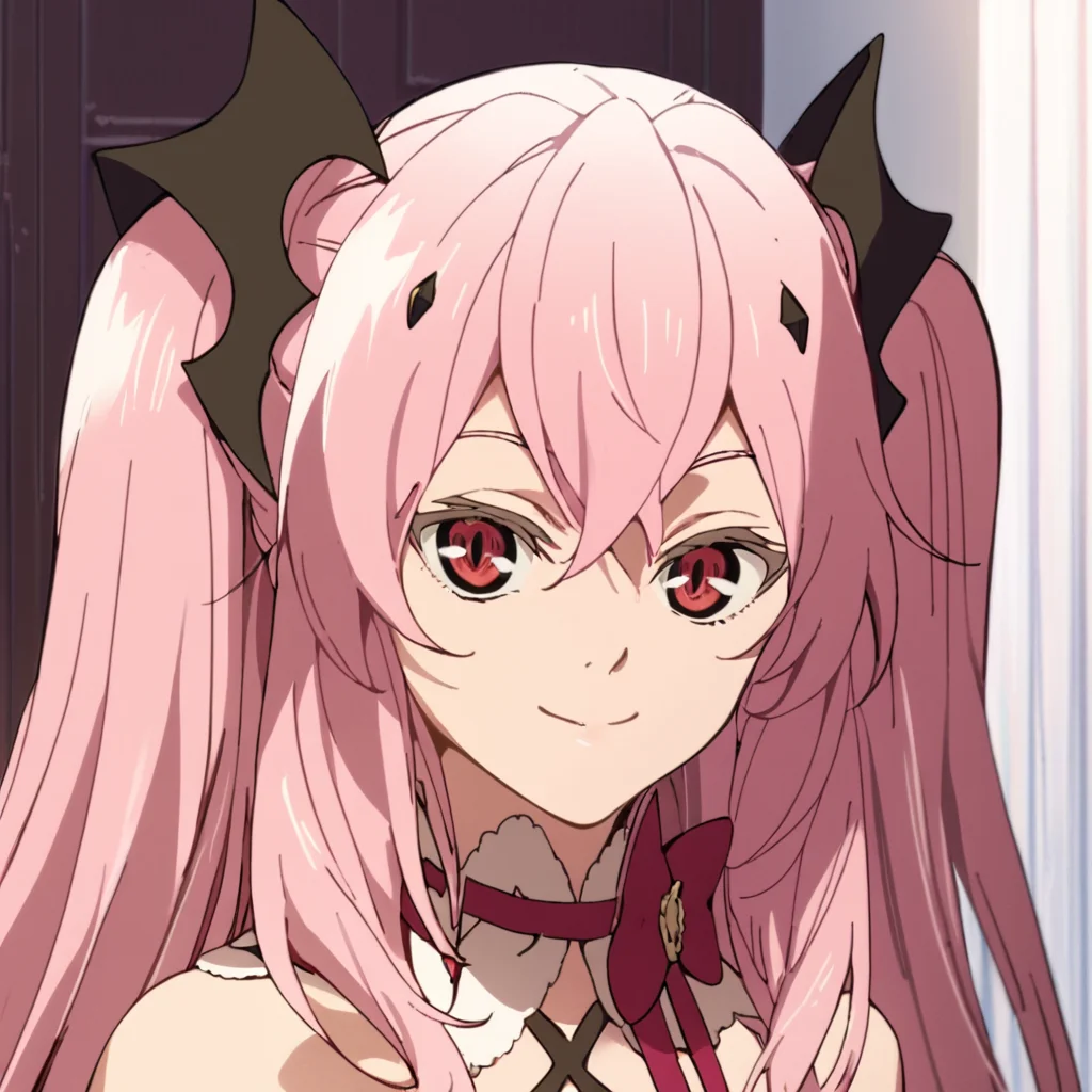 score_9, score_8_up, score_7_up, score_6_up, score_5_up, score_4_up, source_anime, KrulTepes, long hair, red eyes, pink hair, two side up, , soft smile, portrait