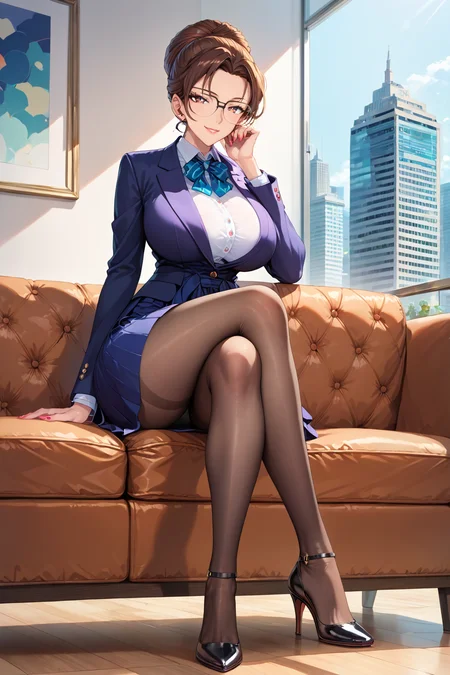 score_9,score_8_up,score_7_up,from below,
1girl,mature female,milf,sitting,sitting on couch,crossed legs,full body,inside,city,looking at viewer,head rest,evil smile,seductive smile,expected eyes,from front,huge breasts,narrow waist,wide hips,
Best quality,masterpiece,soft light,official art,masterpiece,high quality,highres,absurdres,epic scene,natural textures,highest quality,8K,Ultra-HD,ultra detail,epic scene,natural textures,<lora:Kisaki Eri Pony2:1>,glasses,hairbun,brown hair,pantyhose, high heels, suit, business suit, hakama pants,