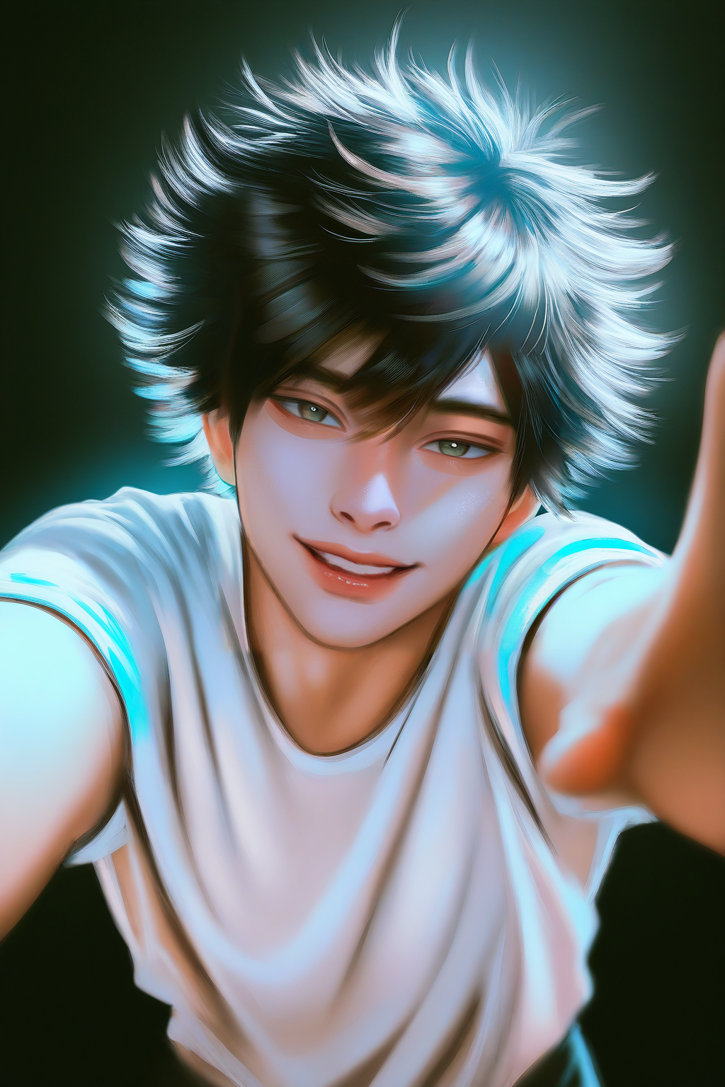 masterpiece, best quality, amazing quality, solo, black_hair, 1boy, male_focus, solo, black_hair, reaching_towards_viewer, looking_at_viewer, shirt, smile, black_background, upper_body, short_hair, white_shirt, parted_lips, short_sleeves, t-shirt, messy_hair, outstretched_arm, outstretched_hand, simple_background, <lora:xte style NAI:1> xte style, hand draw style, brush style