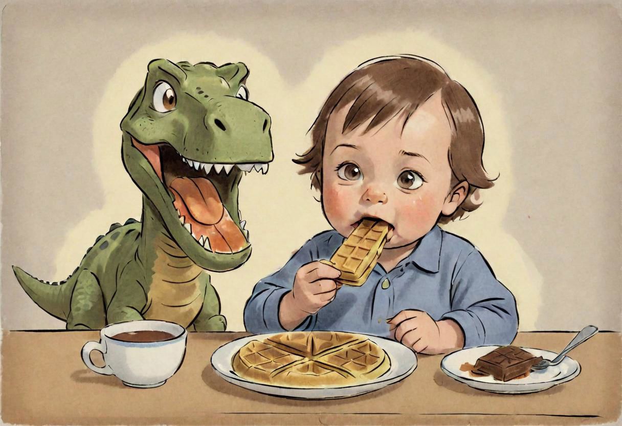 ASCII illustration, 1860 portrait of a toddler eating a waffle next to a dinosaur, warm chocolat,  kodachrome, peaceful,  dusty shirt