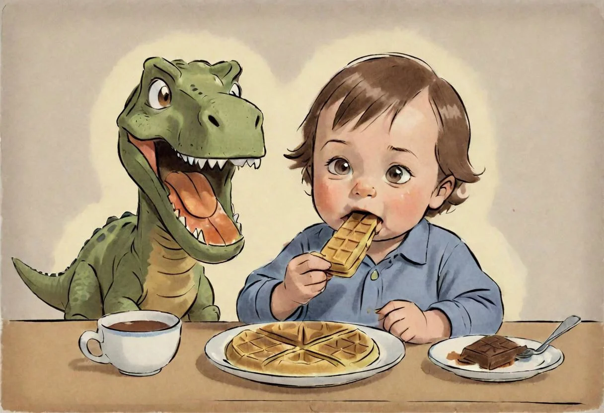 ASCII illustration, 1860 portrait of a toddler eating a waffle next to a dinosaur, warm chocolat, kodachrome, peaceful, dusty shirt