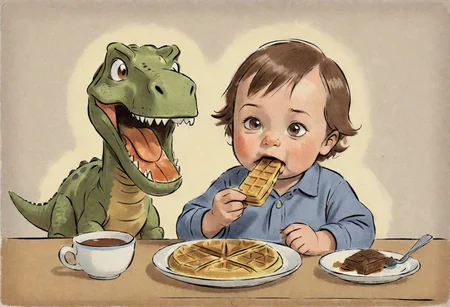 ASCII illustration, 1860 portrait of a toddler eating a waffle next to a dinosaur, warm chocolat,  kodachrome, peaceful,  dusty shirt