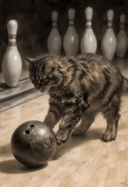 sk3tchstyle, a fluffy, medium-sized cat named Allie with a mottled coat featuring dark brown and black tabby stripes pushing a bowling ball down a bowling alley towards pins