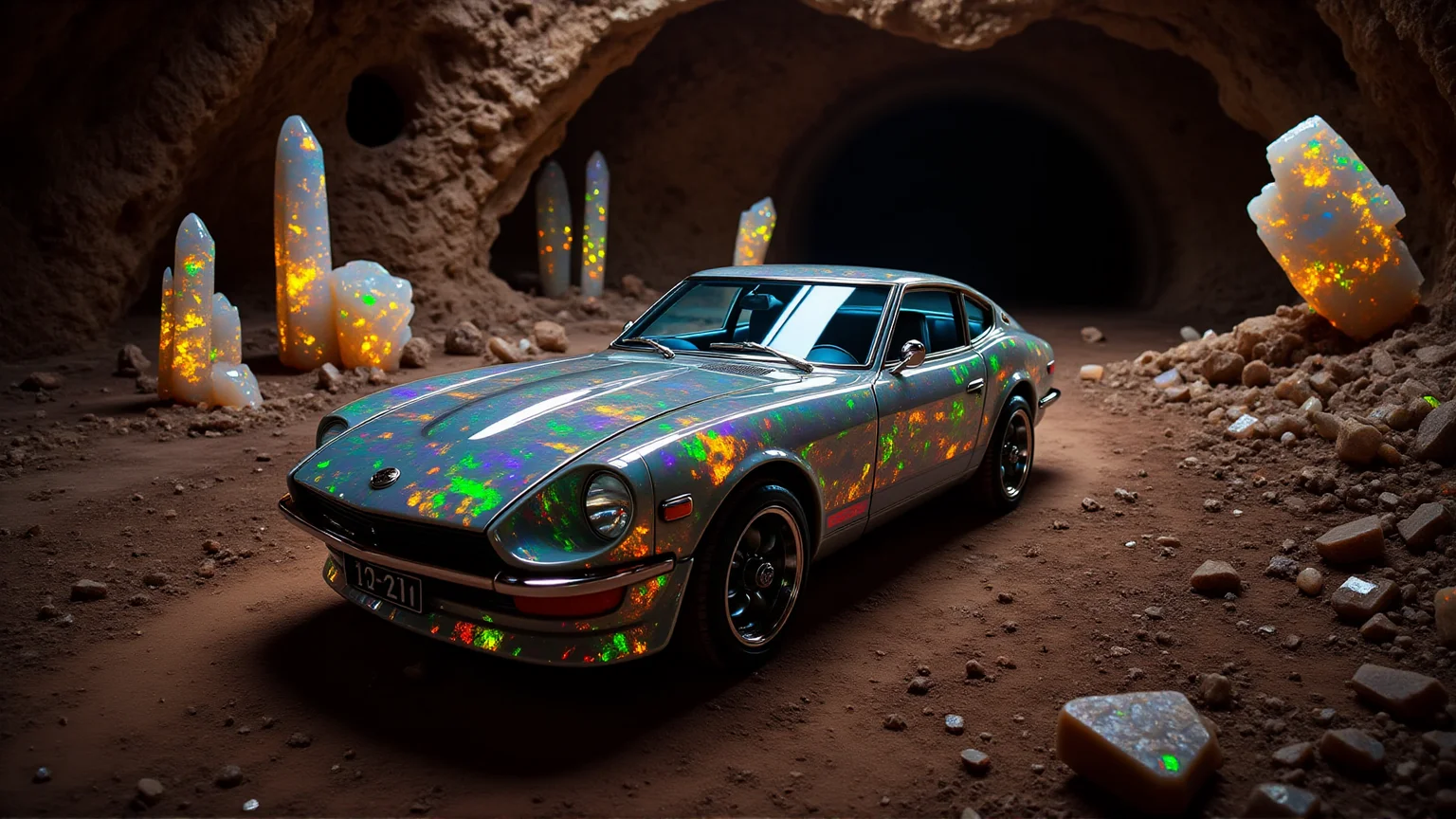 Buried beneath the Australian Outback, an abandoned opal mine pulses with mystical energy as the Datsun 240Z Fairlady, coated in ral-opal textures of violet, emerald, and golden fire, rests in the heart of the cave. Towering crystals of unmined opal jut from the cavern walls, refracting light in dazzling patterns that ripple across the carâs smooth, flowing bodywork. The tunnelâs mirror-like, polished stone floor amplifies the glowing effect, making the chrome bumpers and round headlights gleam like celestial artifacts. Dust particles dance in the gemstone-infused air, completing the dreamlike fusion of classic automotive design and Australiaâs underground opal wonders.
<lora:ral-nssndtsn:1.1> <lora:ral-opal-flux:1>