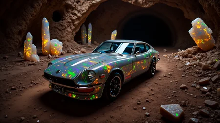 Buried beneath the Australian Outback, an abandoned opal mine pulses with mystical energy as the Datsun 240Z Fairlady, coated in ral-opal textures of violet, emerald, and golden fire, rests in the heart of the cave. Towering crystals of unmined opal jut from the cavern walls, refracting light in dazzling patterns that ripple across the carâs smooth, flowing bodywork. The tunnelâs mirror-like, polished stone floor amplifies the glowing effect, making the chrome bumpers and round headlights gleam like celestial artifacts. Dust particles dance in the gemstone-infused air, completing the dreamlike fusion of classic automotive design and Australiaâs underground opal wonders.
<lora:ral-nssndtsn:1.1> <lora:ral-opal-flux:1>