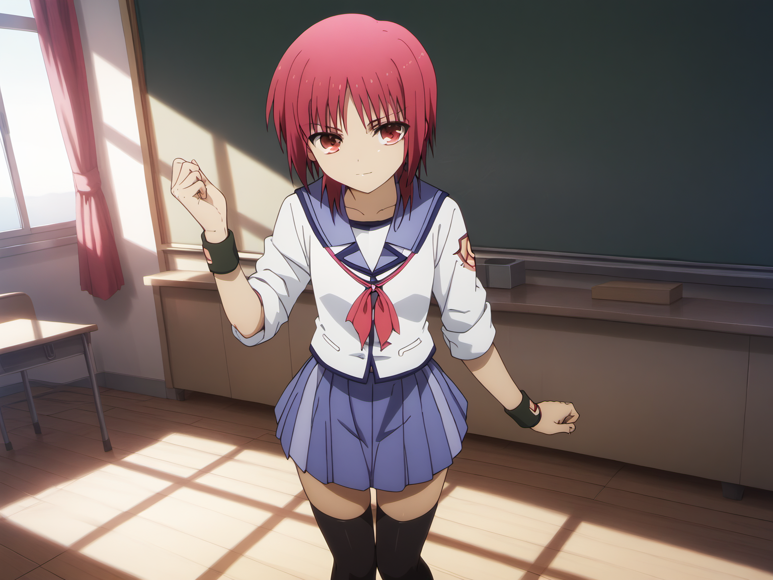 Iwasawa, 1girl, short hair, red hair,  red eyes, serafuku, shinda sekai sensen uniform, rolled up sleeves, wristbands, <lora:IwasawaSDXLPony-16-16-C-animeonly:1>, black thighhighs, loafers, score_10, score_9_up, score_8_up, solo, shadows, perfect lighting, classroom