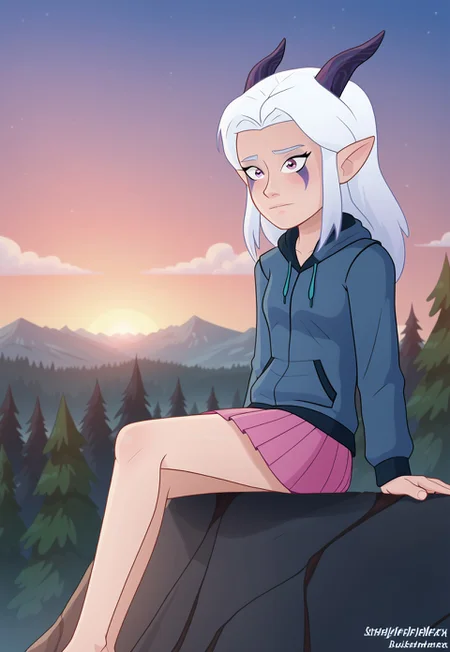 triplevexx, 1girl, solo, Rayla, White Hair, Elf Ears, RayHorns, RayFacepaint, Colored Skin, Four Fingered Hand, grey hoodie, blue shirt, pink skirt, pleated skirt, denim jacket, sunset, sitting on a cliff edge, trees