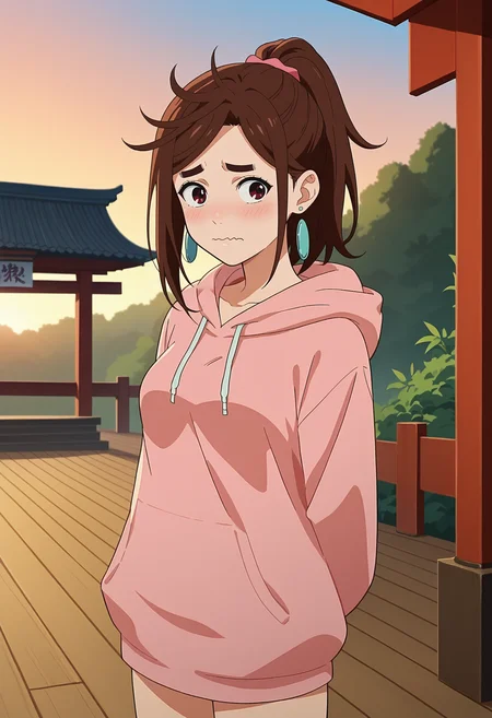 score_9, score_8_up, score_7_up, anime screencap, source_anime, 1girl, solo,
<lora:Momo_Ayase_Dandadan_V2:.85>, KJOmomo, brown hair, brown eyes, medium hair, thick eyebrows, earrings, parted bangs, ponytail,
hoodie, oversized clothes,
embarrassed, blush, looking to the side, wavy mouth, arms behind back,
shrine, sunset, outdoors, wooden floor,
(Beautiful, medium Breasts:1.2),