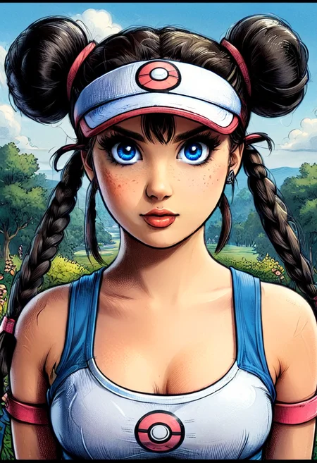 horror rosa (pokemon), hair bun, blue eyes, twintails, visor cap, outdoor, illustration, perfecteyes, mobe-90c0m, high quality, absurdres, 4k, <lora:RetFutCom-V1:0.85>, <lora:Rosa_XL:0.85>, <lora:PerfectEyesXL:1>, <lora:add-detail-xl:0.80>,