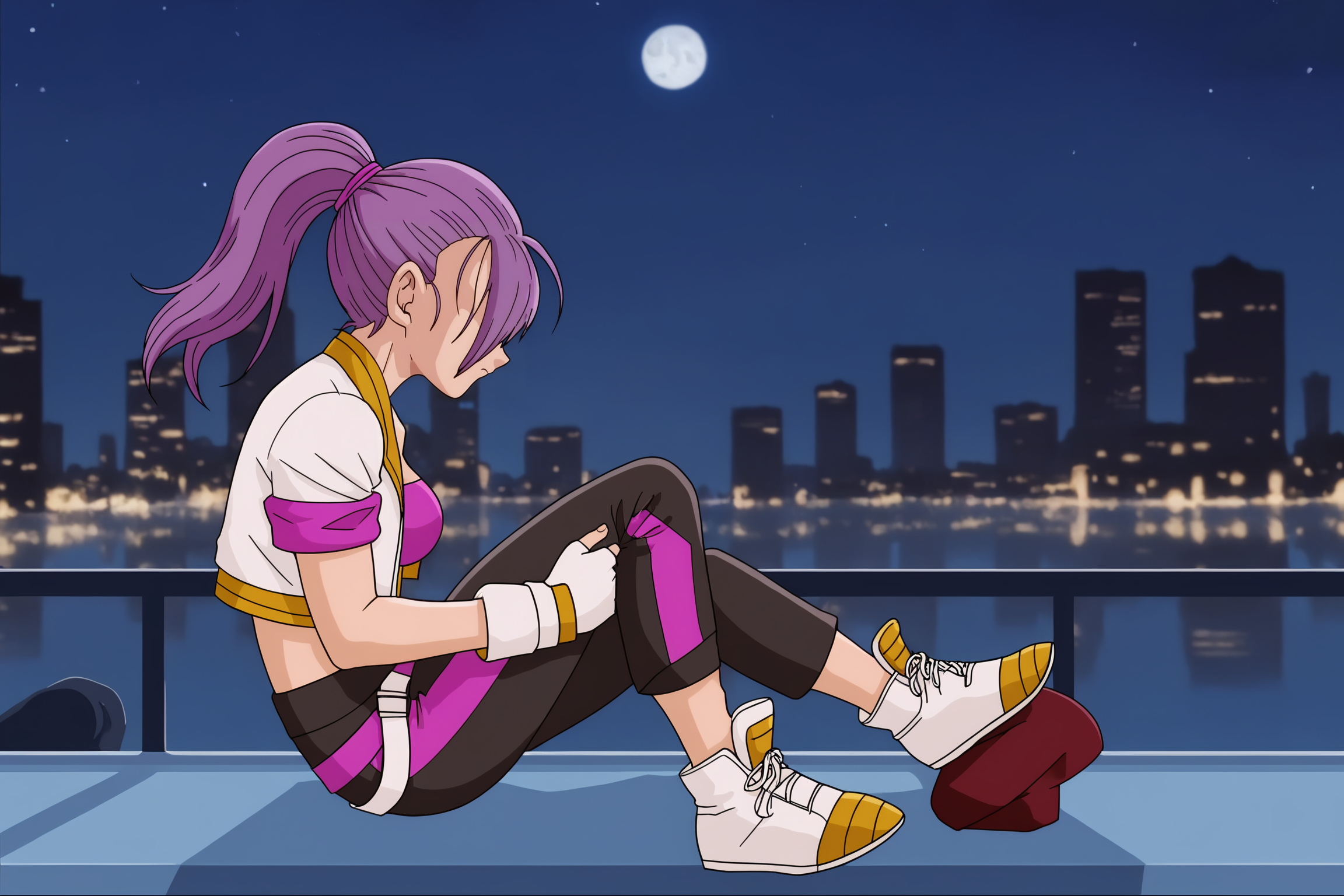 source_anime, score_9, score_8_up, score_7_up, anime screencap, absurdres, high quality,
sbra \(dragon ball\), multiverse, official style, 1girl, solo, breasts, white gloves, medium breasts, sitting on floor, jacket, full body, ponytail, purple hair, saiyan shoes, midriff, pants, fingerless gloves, purple tank top, white footwear, sneakers, cropped jacket, hair over eyes, from side, grabbing own thigh, cityscape, outdoors, night sky, night, moon, moonlight, blurry background, 
<lora:Bra_v2:0.8>