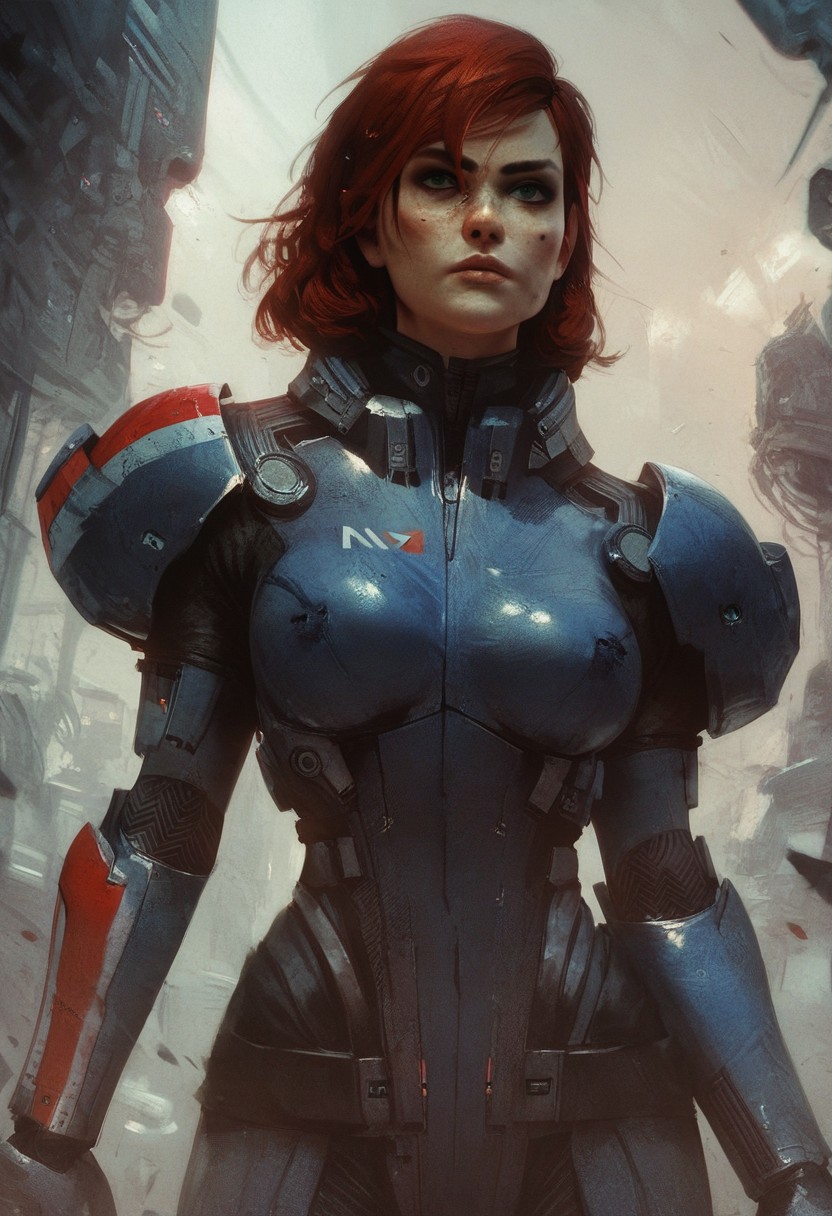 score_9, score_8_up, score_7_up, score_6_up,  
1girl, HD, solo, femshepxl, red hair, green eyes, medium hair, bodysuit, armor, holding a gun, 
front view, waist up, 
futuristic city background