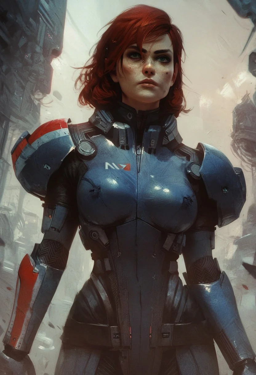 score_9, score_8_up, score_7_up, score_6_up,
1girl, HD, solo, femshepxl, red hair, green eyes, medium hair, bodysuit, armor, holding a gun,
front view, waist up,
futuristic city background