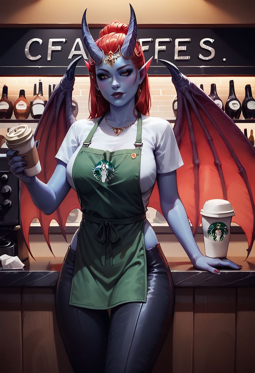 score_9, score_8_up, score_8, 1girl, detailed, high definition, perfect quality, blue skin, red iris, black eyes, red hair, demon horns, demon wings, seductive, posing, natural breasts, thigh gap, coffee shop, starbucks, shirt, black pants, green apron, holding coffee tray with drinks, serving table