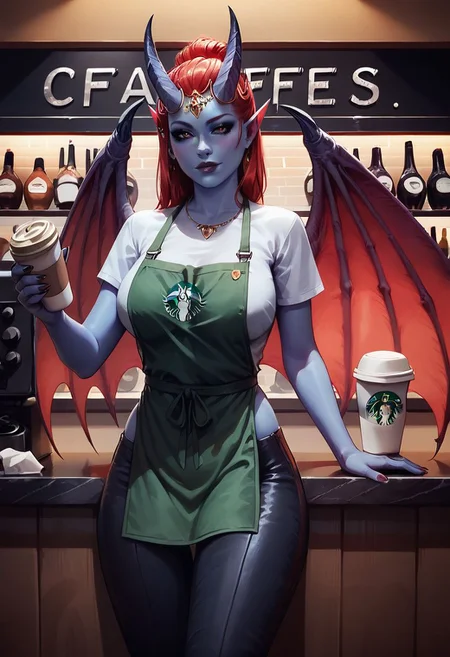 score_9, score_8_up, score_8, 1girl, detailed, high definition, perfect quality, blue skin, red iris, black eyes, red hair, demon horns, demon wings, seductive, posing, natural breasts, thigh gap, coffee shop, starbucks, shirt, black pants, green apron, holding coffee tray with drinks, serving table
