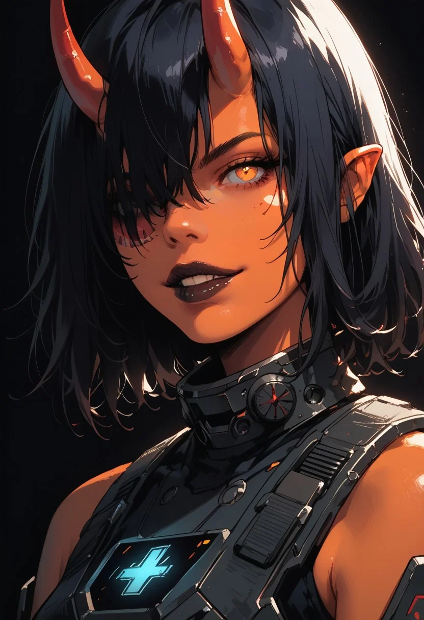score_9, score_8_up, score_7_up, score_6_up, gundamwingcockpit, demon, horns, futuristic, scifi, red armor, small breasts, solo, medium hair, hair over one eye, gloves, g0thicPXL, dutch angle, smirk, technology, glowing, neon, holographic display, sinozick style, orange skin, dark lips, close up