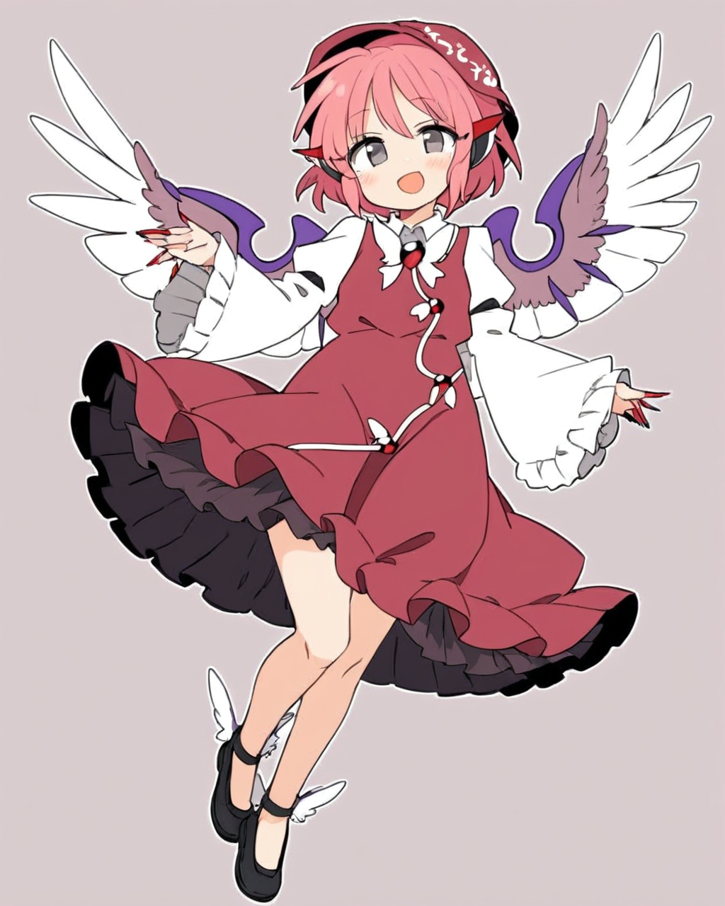 mystia lorelei,1girl, solo, white_background, simple_background, brown_dress, white_wings, bird_wings, sharp_fingernails, open_mouth, long_fingernails, black_footwear, nail_polish, full_body, single_earring, red_nails, no_headwear, smile, juliet_sleeves, shoes, frilled_sleeves, wide_sleeves, skin_fang
<lora:mystia_lorelei_image8444_2023-12-14-000007:1>,star-shaped_pupils,symbol-shaped_pupils,. gorgeous,key visual, vibrant, studio anime,award-winning, professional, highly detailed,high budget, cinemascope