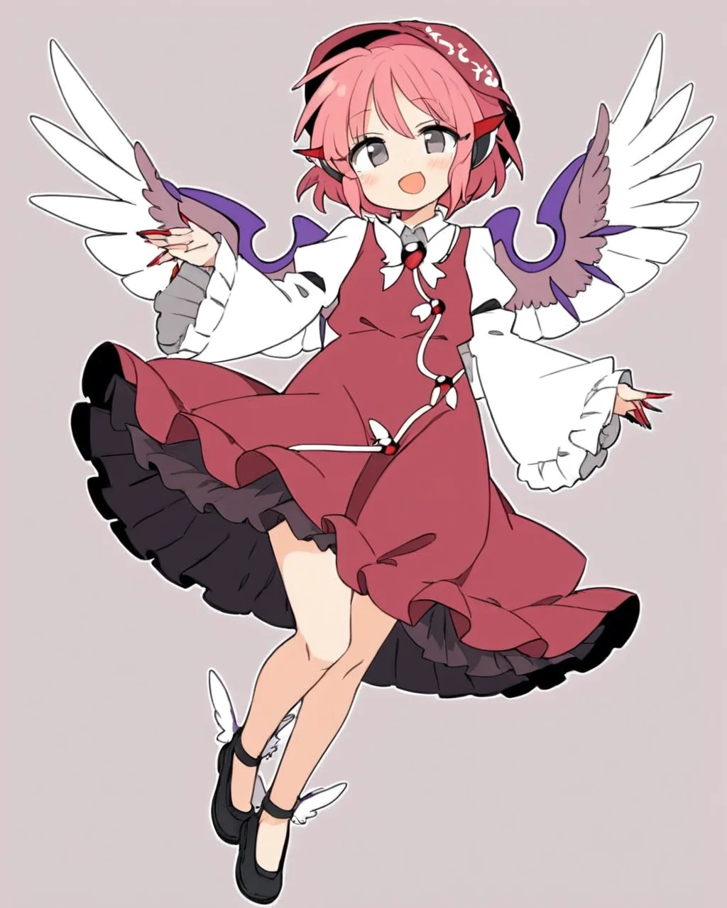 mystia lorelei,1girl, solo, white_background, simple_background, brown_dress, white_wings, bird_wings, sharp_fingernails, open_mouth, long_fingernails, black_footwear, nail_polish, full_body, single_earring, red_nails, no_headwear, smile, juliet_sleeves, shoes, frilled_sleeves, wide_sleeves, skin_fang
<lora:mystia_lorelei_image8444_2023-12-14-000007:1>,star-shaped_pupils,symbol-shaped_pupils,. gorgeous,key visual, vibrant, studio anime,award-winning, professional, highly detailed,high budget, cinemascope