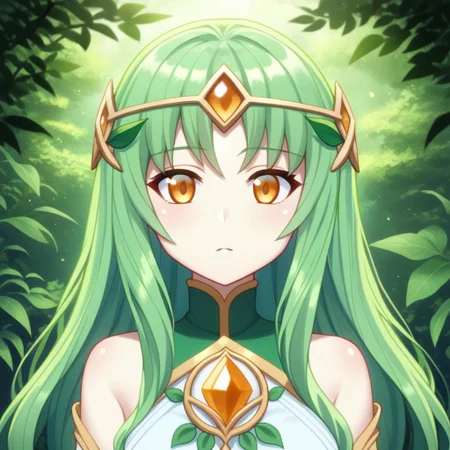 mana_sk style, portrait, focus on face, a serene nature guardian girl with long, wavy green hair adorned with small blossoms and bright amber eyes, wearing a delicate circlet made of vines and gemstones, her expression calm and protective, faint sunlight filtering through dense forest leaves in the background, Japanese RPG style, natural and mystical atmosphere, intricate details on her circlet and hair