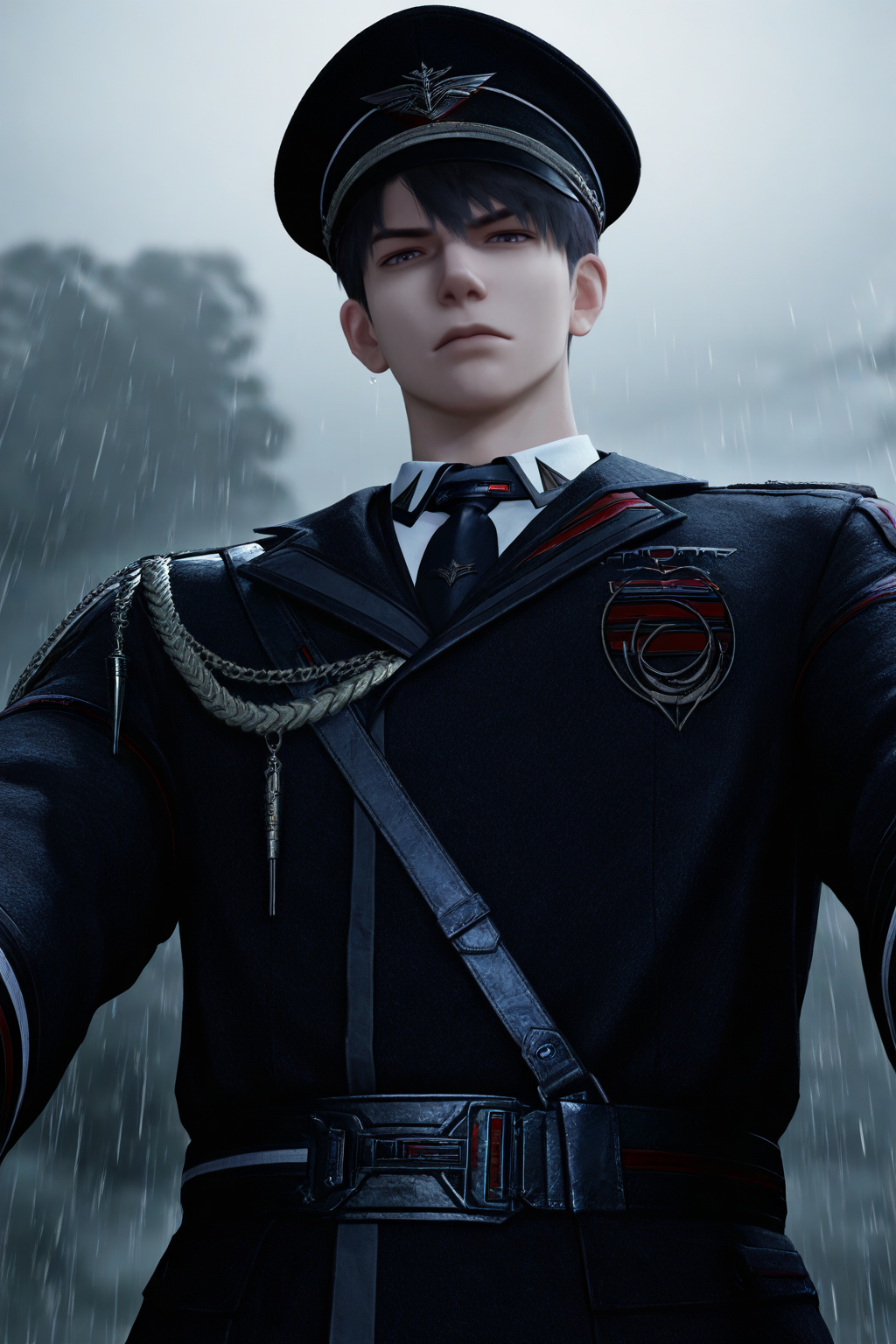 <lora:caleb-NAI:0.7>,caleb, 1boy, male focus, solo, short hair, looking at viewer, shirt, purple eyes, white shirt, upper body, necktie, jacket, black necktie, Farspace Colonel, blurry, collared shirt, uniform, blurry background, belt, hat, military, military uniform, military hat, peaked cap,serious, looking down, black headwear, from below, rain, black hair, yaoi,bara,male focus,very awa,masterpiece,best quality,amazing quality,nsfw,uncersored,highres,best quality,amazing quality,best aesthetic,absurdres,