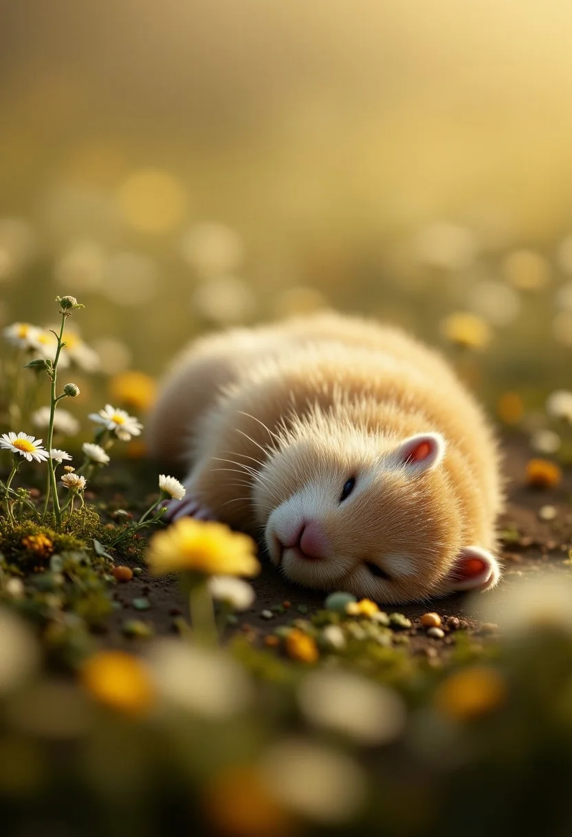 32k,8k,dynamic,(ultra high res:1.4),National Geographic photography, cinematic, depth of field, bokeh, best quality, animal photography,macro wildlife photography, photorealistic, view from above, dutch angle,wild flowers everywhere, in fantastic antique forest, very close up photography of a whimsical chubby marmot, soft fluffy dry fur,sleeping, upside down, paws up, belly,lying back in grass and moss, exposing belly to sun's warmth,belly lit by godray, relaxed, having a nap. Tilted head. Bees and butterflies flying around, in a sunny summer afternoon.The atmosphere gives an impression of peace and serenity, light and dust particles floating in sunrays, Vibrant Glow, rule of third, gold number proportions