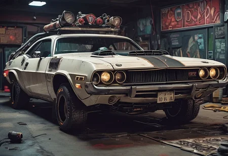 Old white Dodge challenger 1970 in very dark night cyberpunk sci-fi garage, sci-fi 70s,in style Pacific Drive car, in style DMC Deloren from Back to the future, patches, radar on the car roof, glowing fluorescent hoses, retro cassette futurism 70s, fluorescent wires and modules and devices and gadgets 70s, style of ghostbusters technology, radioactive glowing hose and tubes, spacepunk dieselpunk atmosphere, frostpunk colors, cyberpunk 2077 car, (masterpiece:1.2, best quality), Graphic details, perfect design, very dark black night cyberpunk background, glowing cloning vats inside car
Scrapbuilt