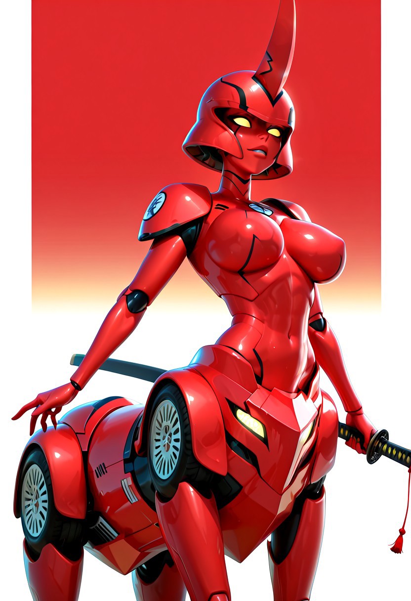 masterpiece, best quality, amazing quality, high resolution, ultra detailed, amazing quality, BREAK, 1girl, solo, ((Ikari Gozen, centaur, , robot, monster girl, black marks, one large horn, red skin, brilliant amber eyes, mechanical and vehicular in the lower half of her body, with tires at the joints, samurai armor, helmet, katana, slim waist, perfect lips, large breasts,)), sexy, erotic, Dynamic Poses, BREAK, simple Background, white background, red background