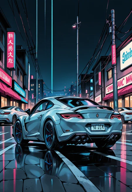 yshinkawa, anime, highly-detailed, best quality, masterpiece, newest, very aesthetic, sports car, street, night,