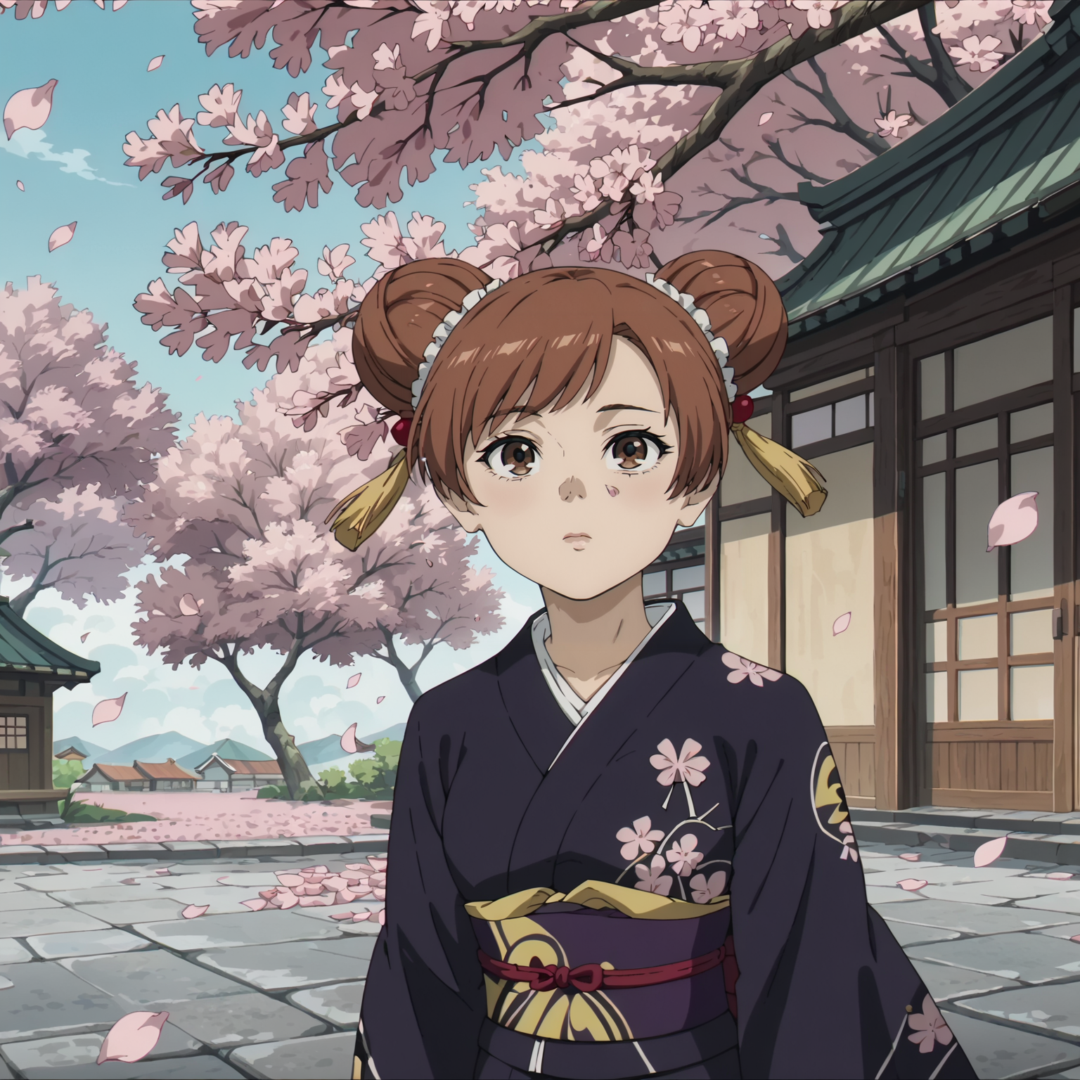 <lora:LaufenXL004>,<lora:DetailedEyes_V3:1.6>,
solo,
anime screencap,
score_9,score_8_up,
Laufen,1girl,brown hair,short hair,double bun,brown eyes,yellow hairornament,
cowboy shot,
(print_kimono:1.2),cherry blossoms,cherry blossom petals,wind,looking up,